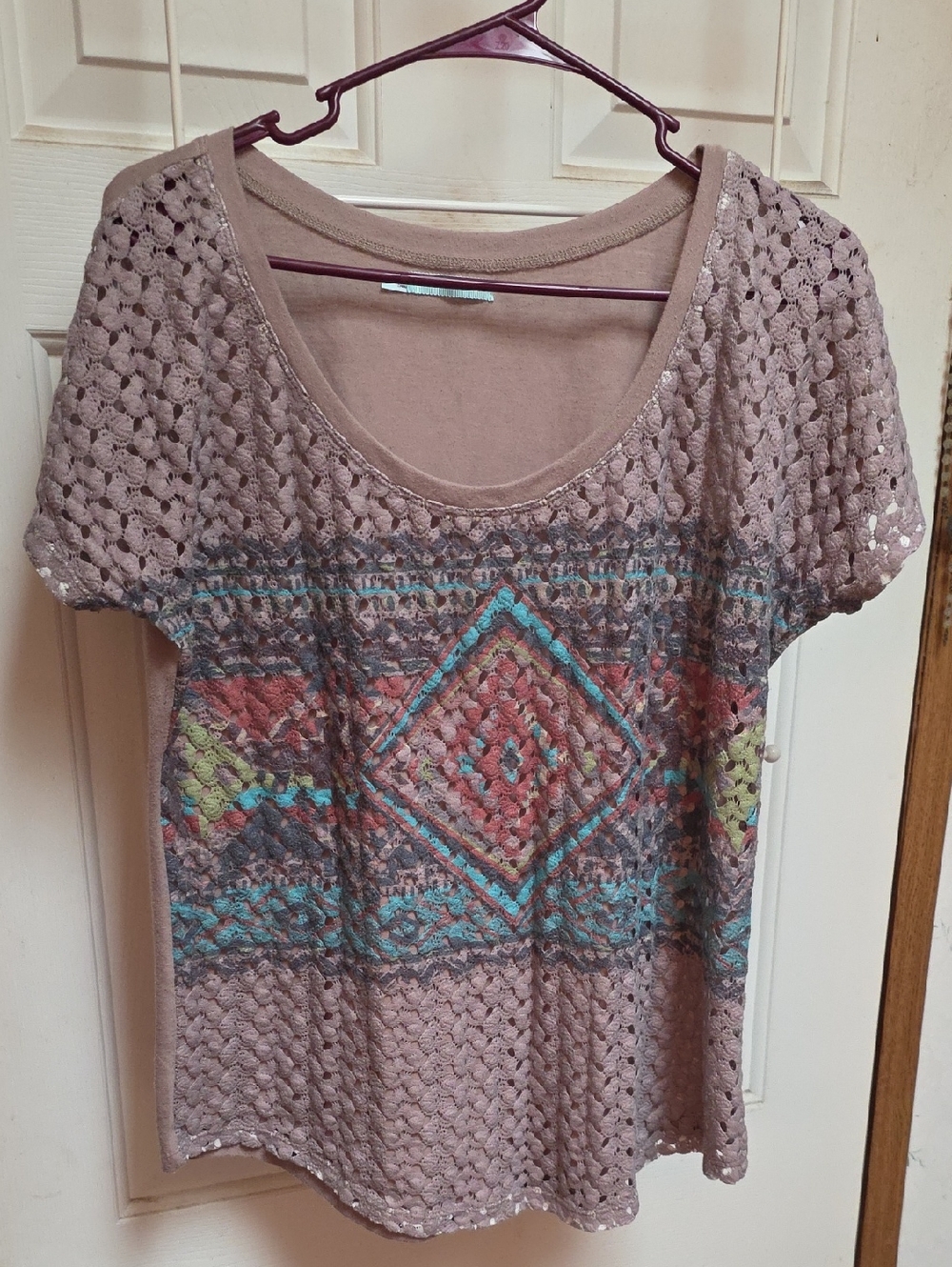 Maurices Taupe Crochet Short Sleeve Top with Multicolor Aztec Motif
